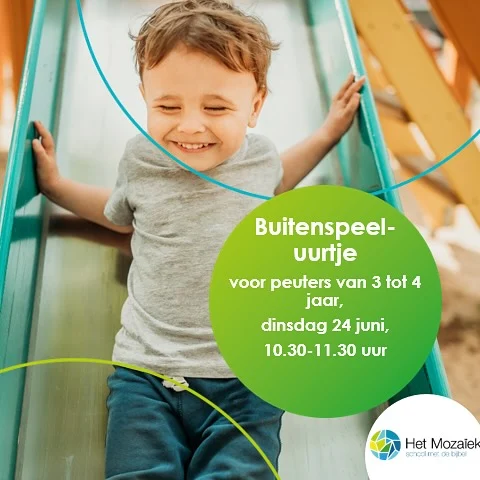 Aankomende dinsdag is het weer zover! Een buitenspeeluurtje met de kleuters!Bent u op zoek naar een school voor uw kind? Elke laatste dinsdag van de maand organiseren we een buitenspeeluurtje voor peuters tot 4 jaar. Tijdens het buitenspelen loopt de leerkracht en een onderwijsassistent op het plein. Terwijl uw kind op een laagdrempelige manier kennis maakt met het samen spelen, kunt u uw vragen stellen en kennismaken met onze school. Opgave is niet nodig. Bij regen spelen we binnen in het speellokaal www.hetmozaiekharen.nl